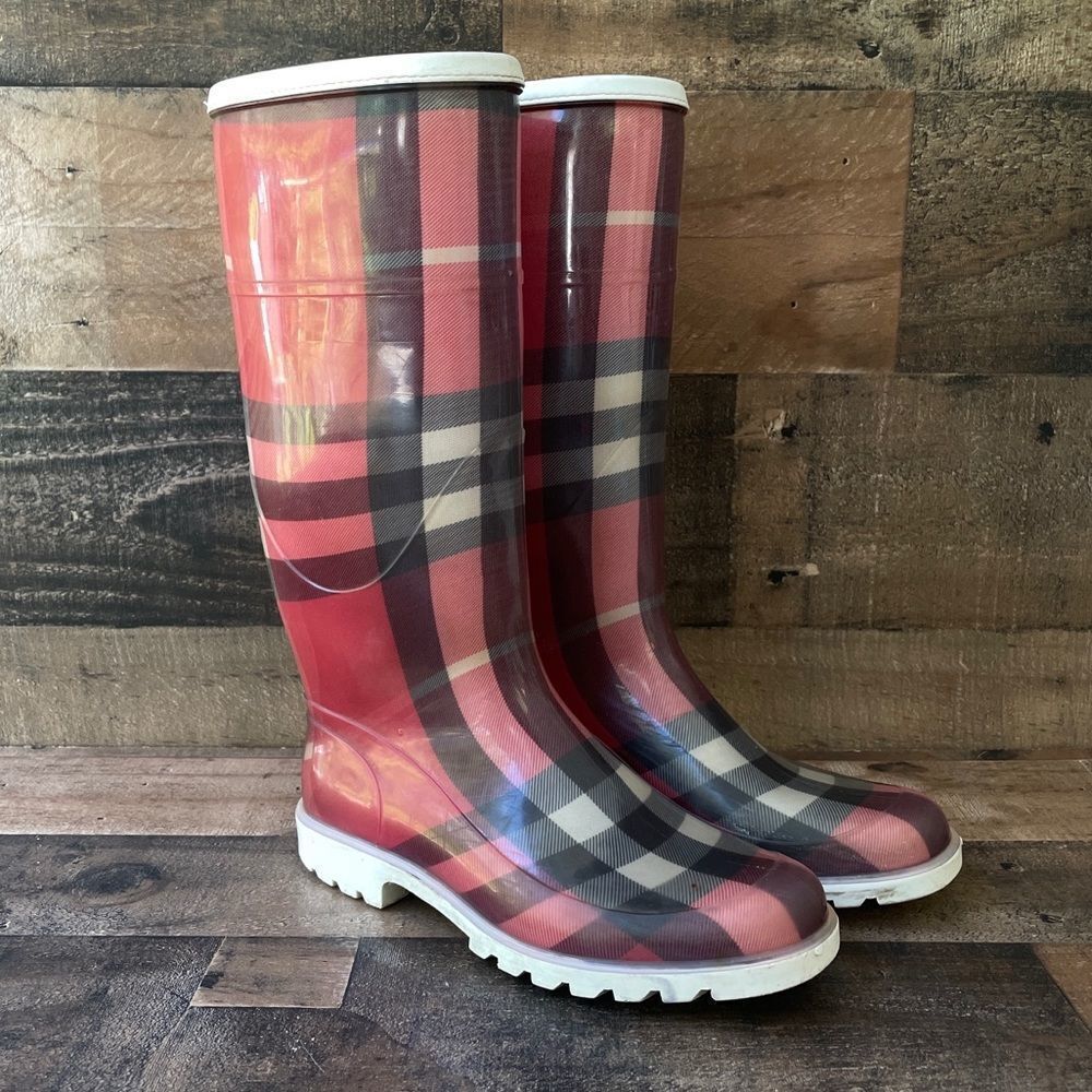 Burberry Nova Check Red Rain Boots Size 36/6 - Picture 2 of 13